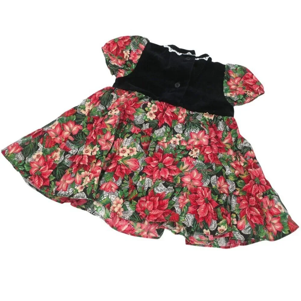 Vintage Becky Little Velvet Dress Girls 24 Mos Holiday Christmas Poinsettia